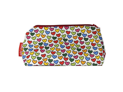 Hearts cosmetic bag with romantic love illustration on durable polyester fabric with colour-coordinated zipper