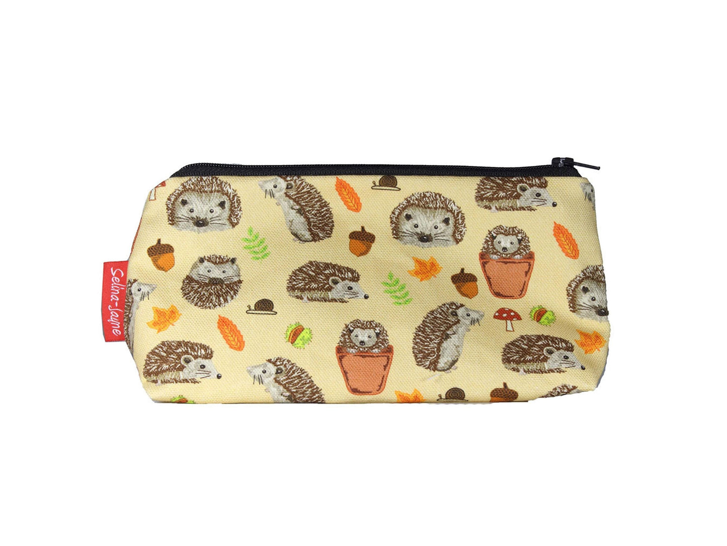 Hedgehogs cosmetic bag with adorable wildlife illustration on durable polyester fabric with colour-coordinated zipper