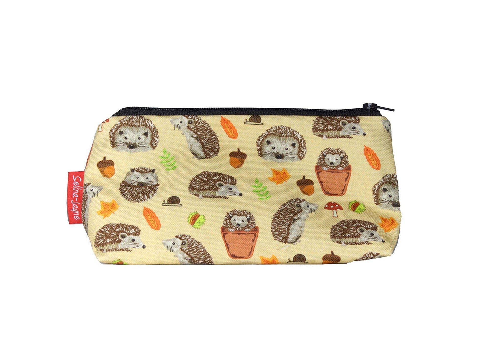 Hedgehogs cosmetic bag with adorable wildlife illustration on durable polyester fabric with colour-coordinated zipper