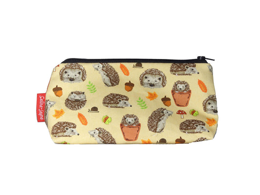 Hedgehogs cosmetic bag with adorable wildlife illustration on durable polyester fabric with colour-coordinated zipper