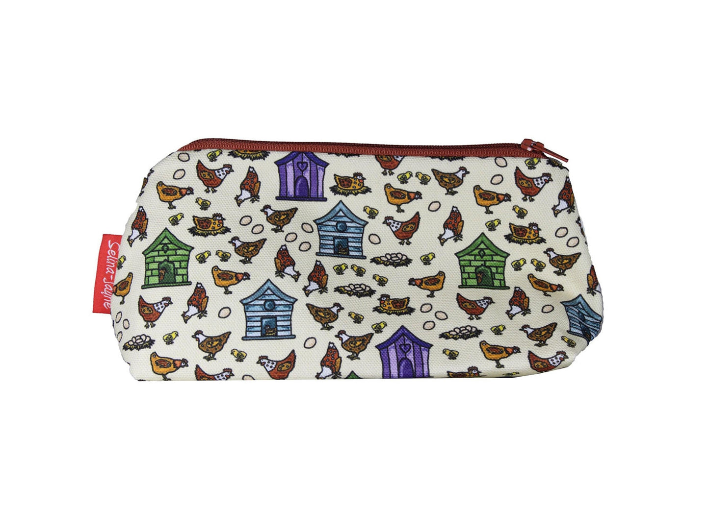 Hens cosmetic bag with charming farm animal illustration on durable polyester fabric with colour-coordinated zipper