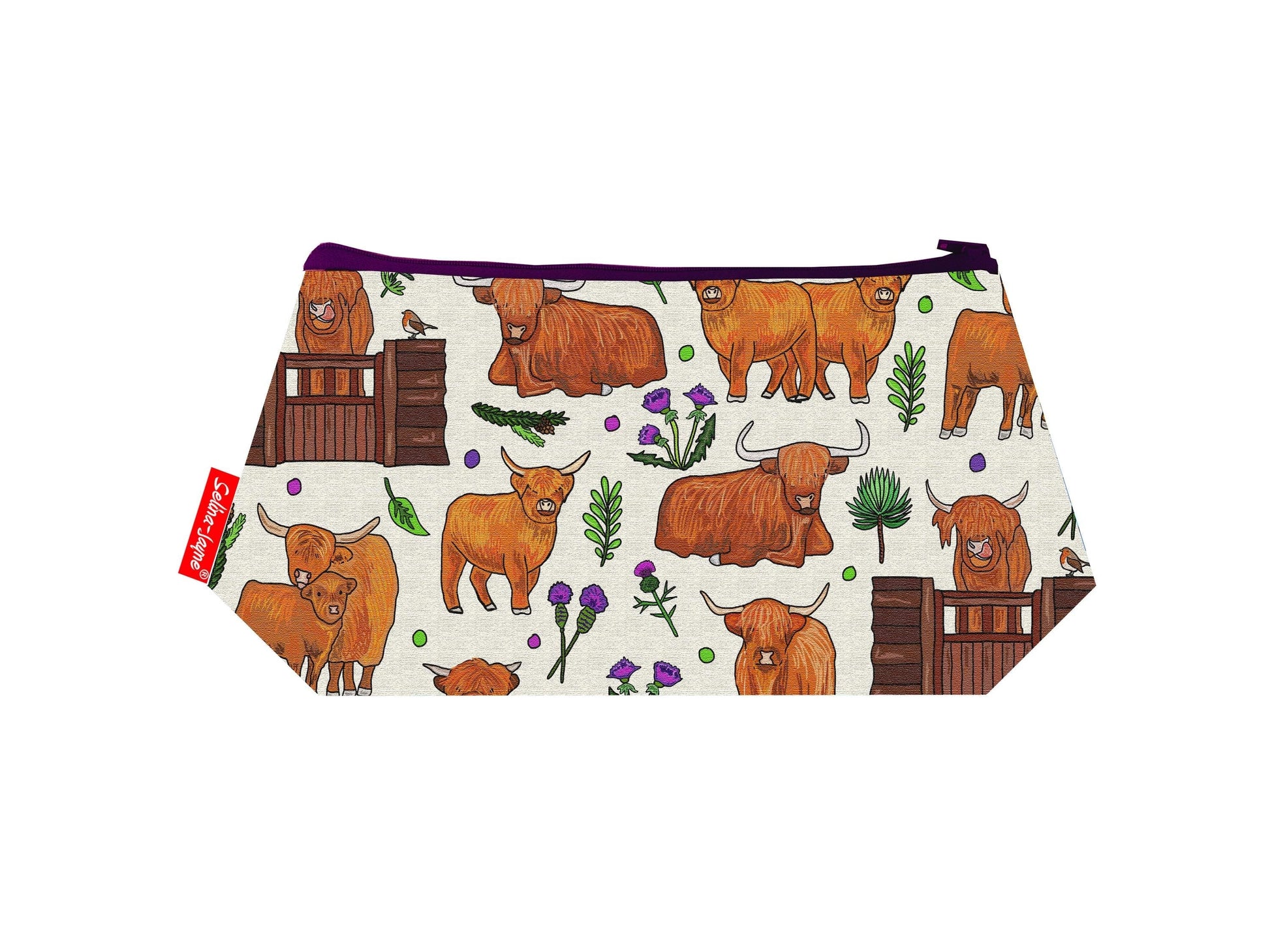 Highland Cows cosmetic bag with iconic Scottish illustration on durable polyester fabric with colour-coordinated zipper