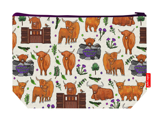Highland cows toiletry bag with vibrant HD print and washable lining by Selina-Jayne Designs