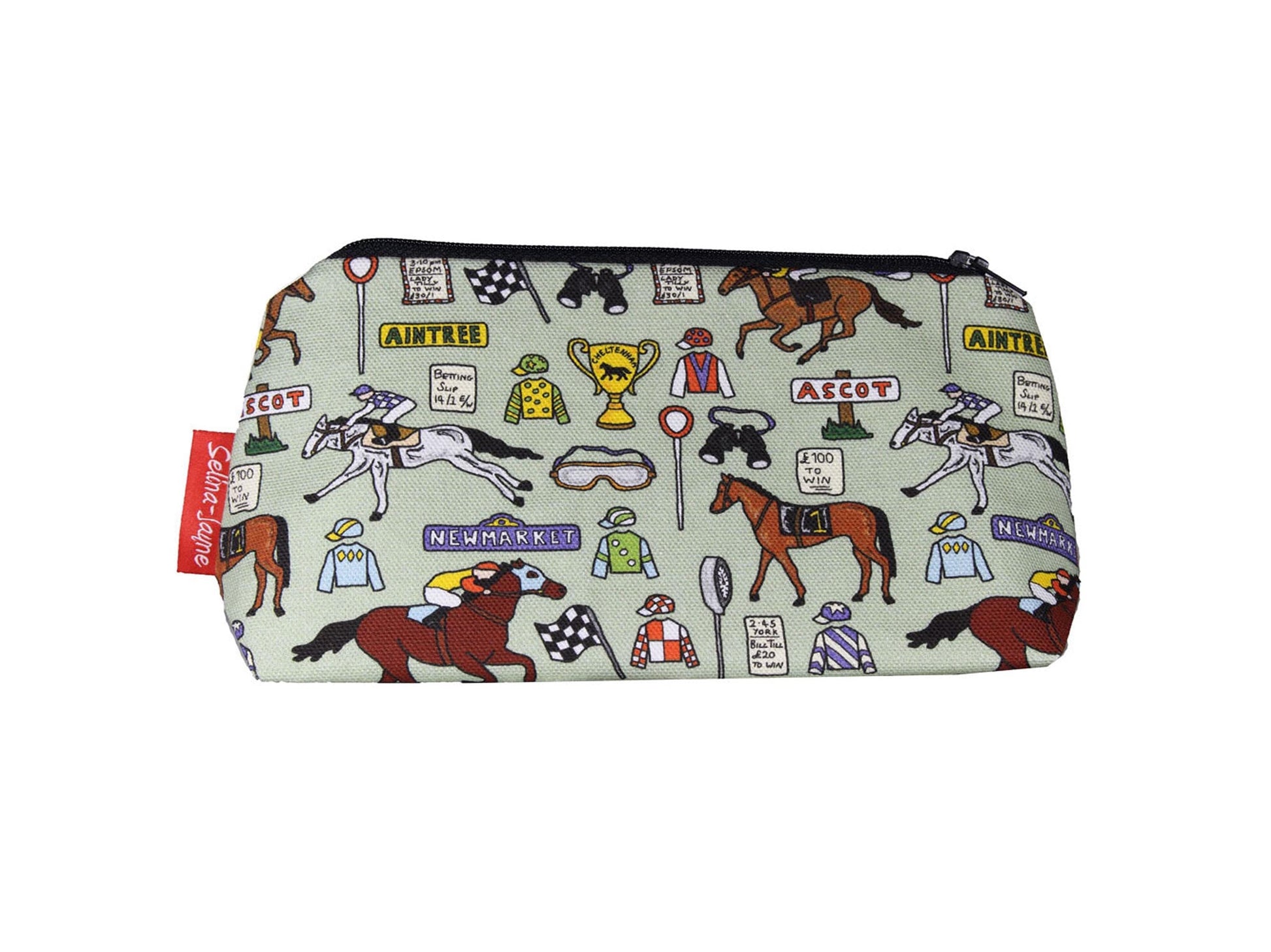 Horse Racing cosmetic bag with sport-themed illustration on durable polyester fabric with colour-coordinated zipper