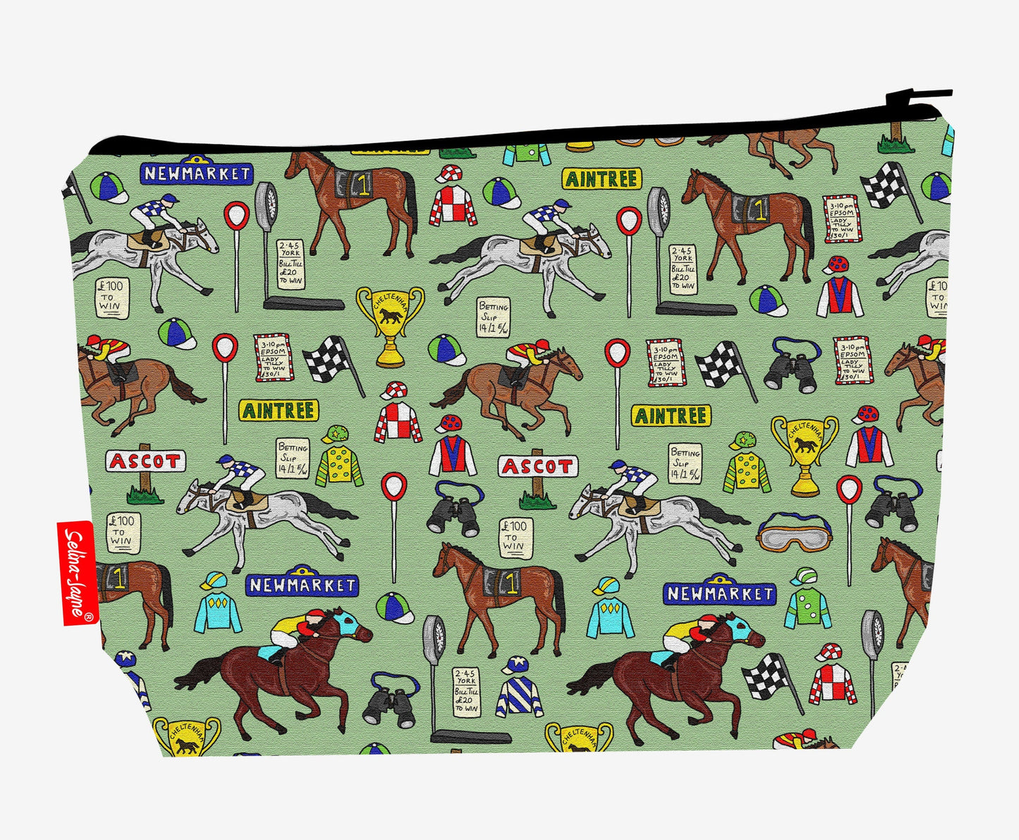 Horse racing toiletry bag with vibrant HD print and washable lining by Selina-Jayne Designs