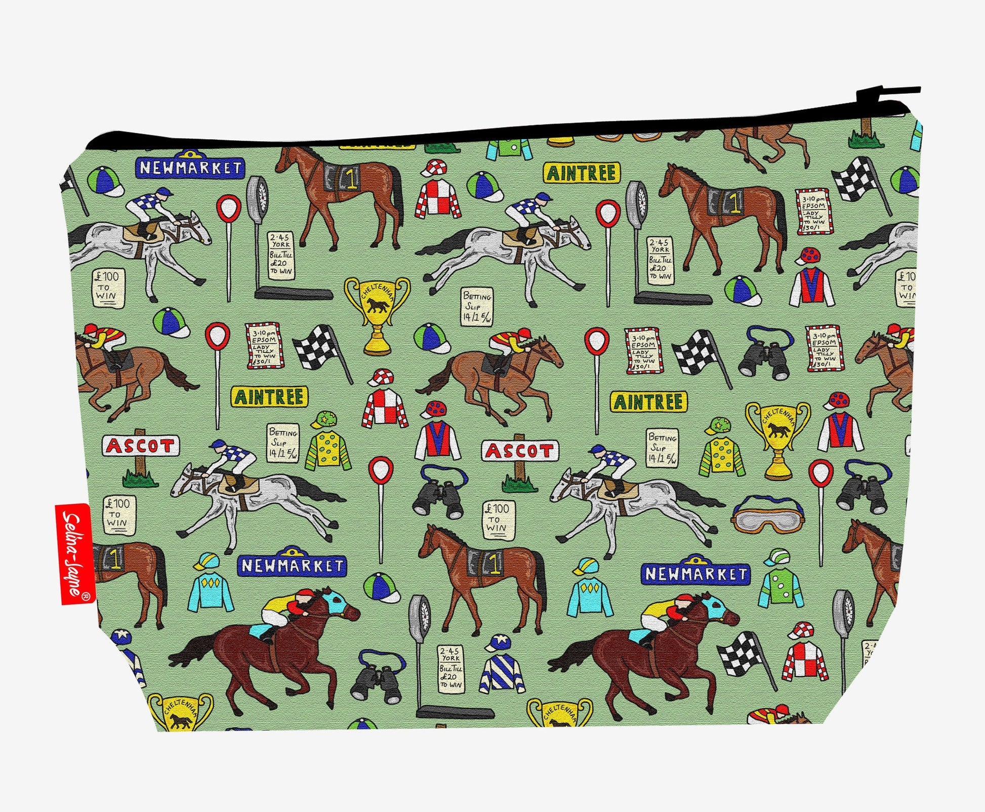 Horse racing toiletry bag with vibrant HD print and washable lining by Selina-Jayne Designs