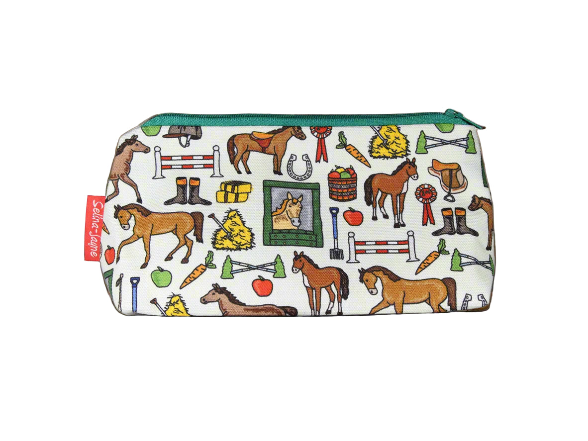 Horses cosmetic bag with equestrian illustration on durable polyester fabric with colour-coordinated zipper