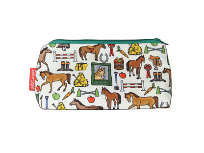 Horses cosmetic bag with equestrian illustration on durable polyester fabric with colour-coordinated zipper