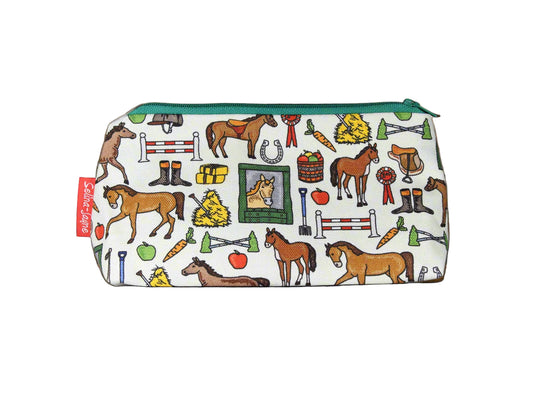 Horses cosmetic bag with equestrian illustration on durable polyester fabric with colour-coordinated zipper