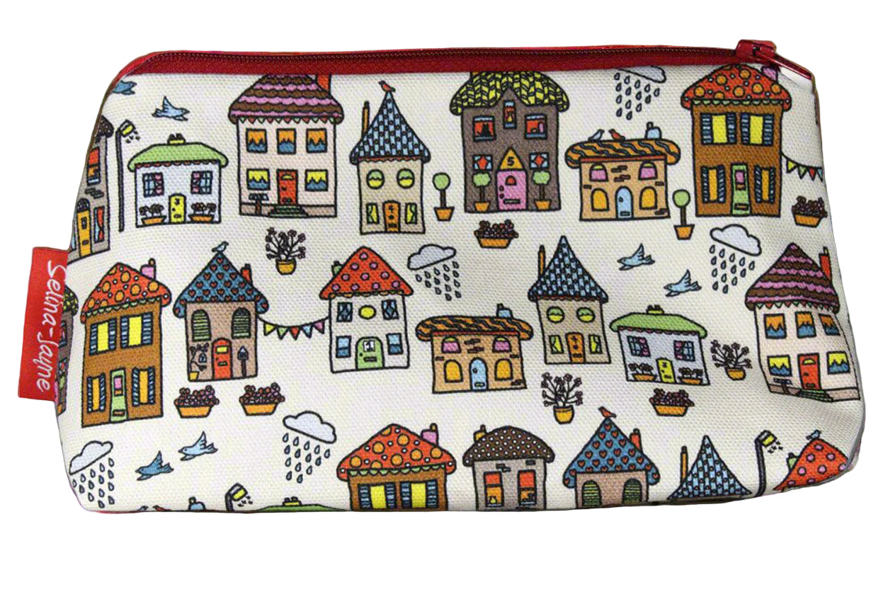 Houses cosmetic bag with charming architectural illustration on durable polyester fabric with colour-coordinated zipper