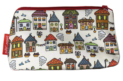 Houses cosmetic bag with charming architectural illustration on durable polyester fabric with colour-coordinated zipper
