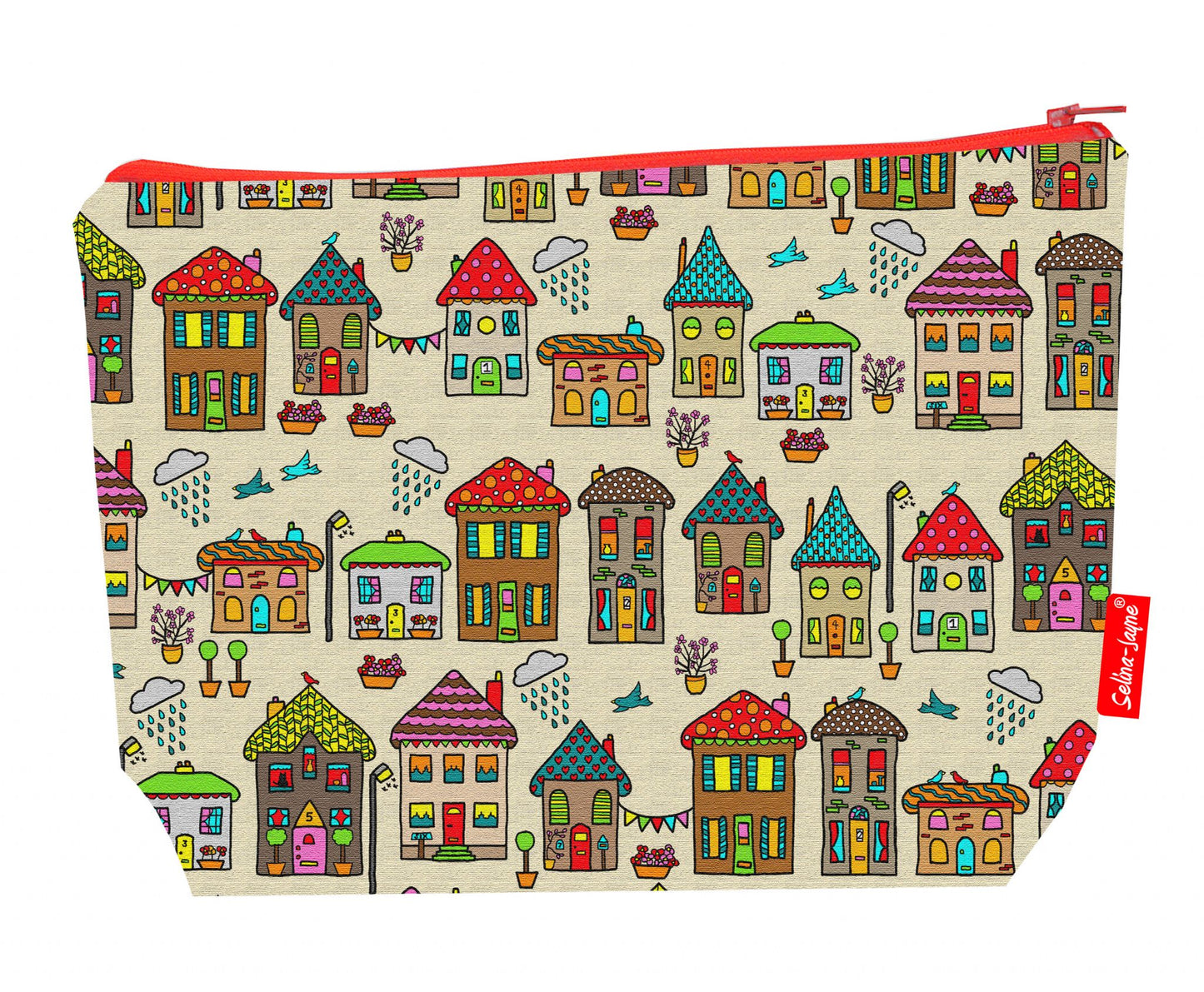 Premium house-themed wash bag with colour-coordinated zip closure