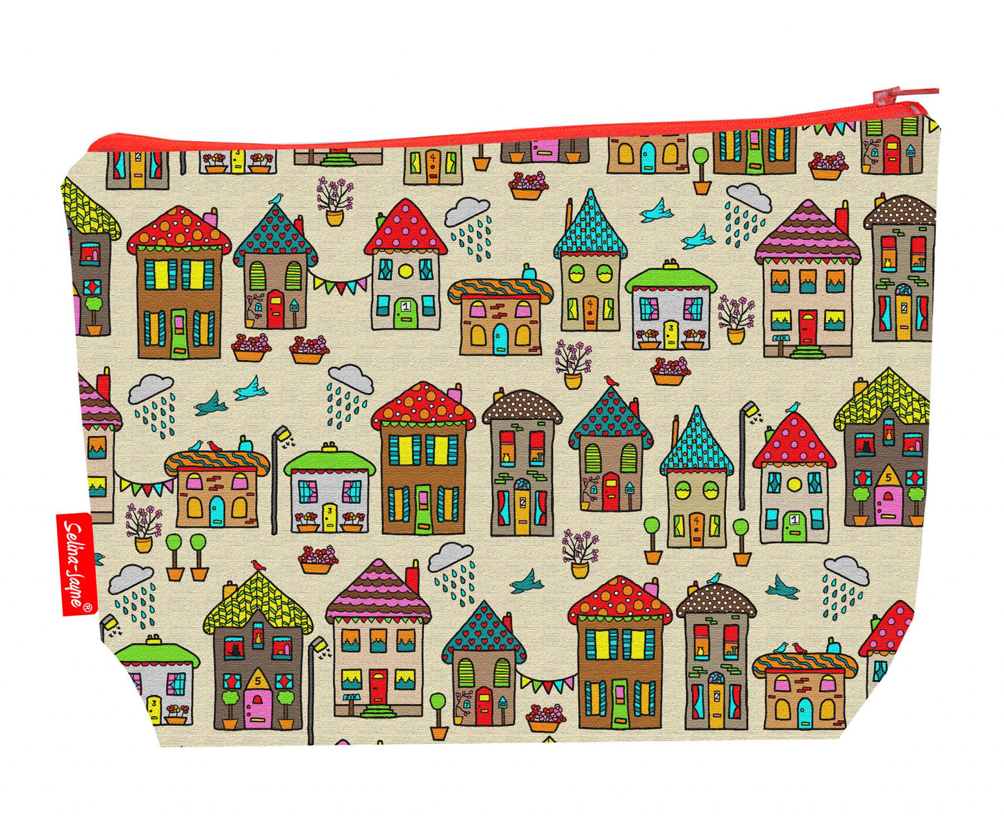 Houses toiletry bag with vibrant HD print and washable lining by Selina-Jayne Designs