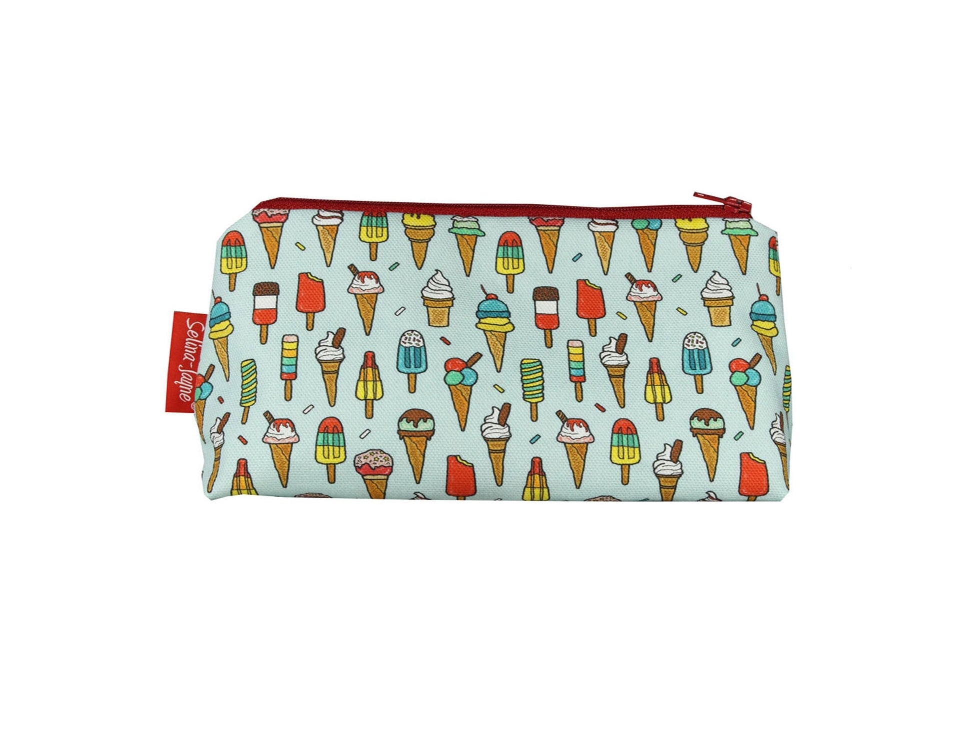 Ice Cream cosmetic bag with sweet treat illustration on durable polyester fabric with colour-coordinated zipper