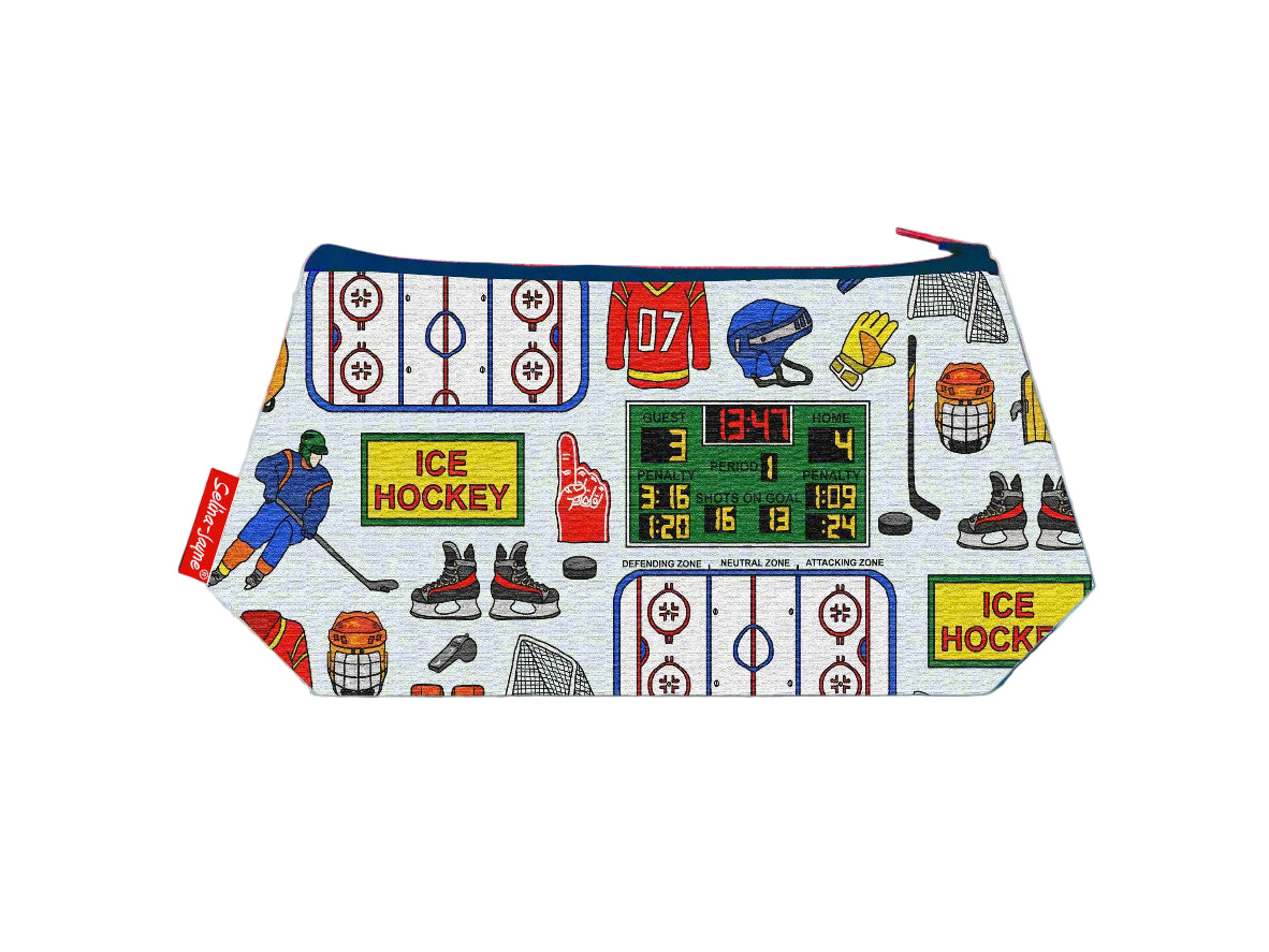 Ice Hockey cosmetic bag with sport-themed illustration on durable polyester fabric with colour-coordinated zipper