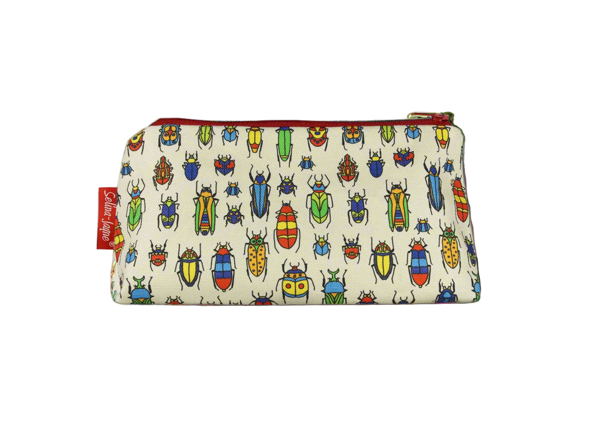 Insects cosmetic bag with nature-themed illustration on durable polyester fabric with colour-coordinated zipper