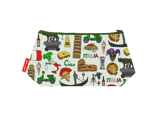 Italy cosmetic bag with Italian travel illustration on durable polyester fabric with colour-coordinated zipper
