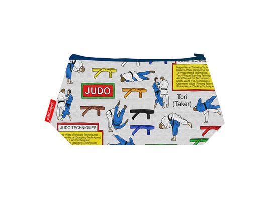 Judo cosmetic bag with martial arts sport illustration on durable polyester fabric with colour-coordinated zipper