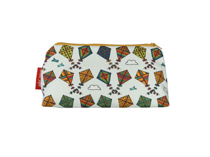 Kites cosmetic bag with outdoor-themed illustration on durable polyester fabric with colour-coordinated zipper