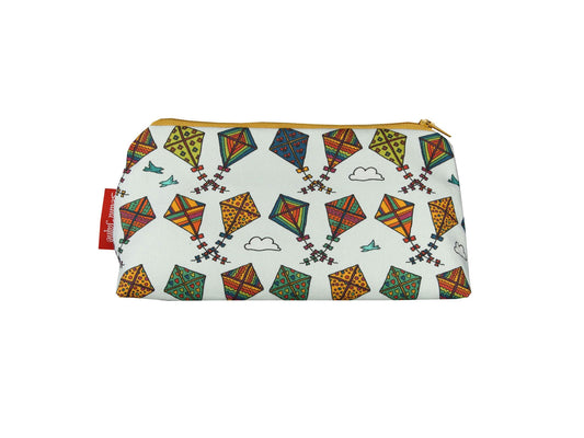 Kites cosmetic bag with outdoor-themed illustration on durable polyester fabric with colour-coordinated zipper