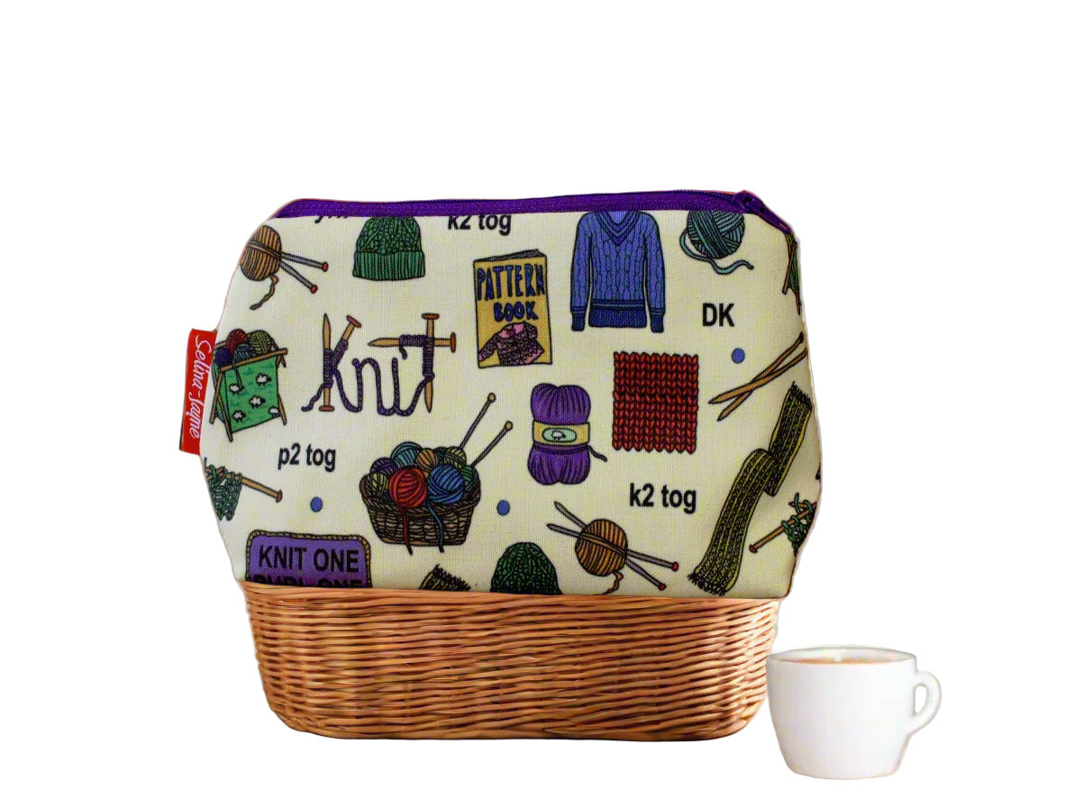Premium Knitting makeup bag featuring wipe-clean lining and colourfast HD print, perfect knitter gift