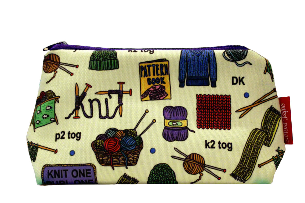 Knitting cosmetic bag with crafting-themed illustration on durable polyester fabric with colour-coordinated zipper