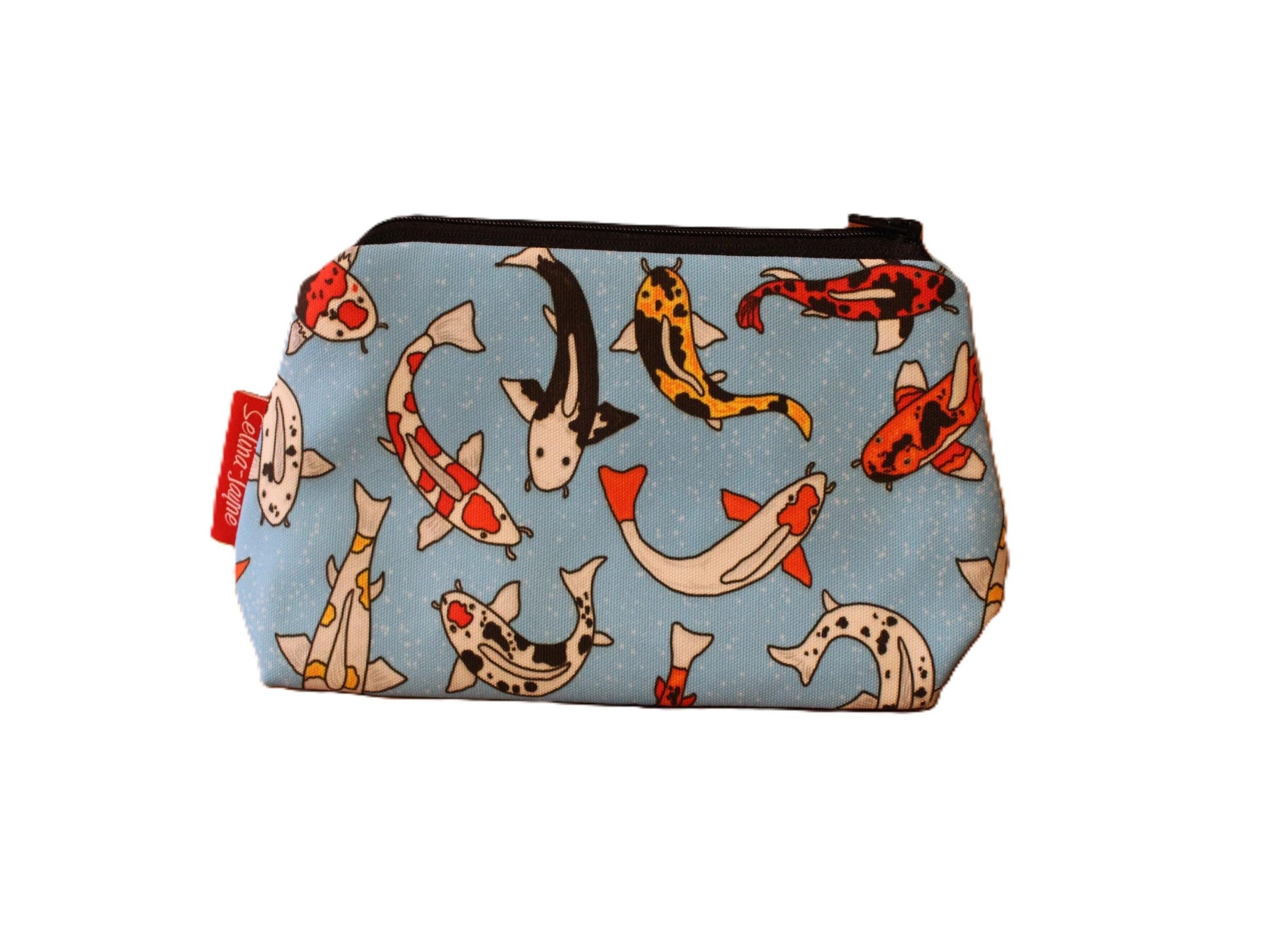 Koi Carp cosmetic bag with elegant ornamental fish illustration on durable polyester fabric with colour-coordinated zipper