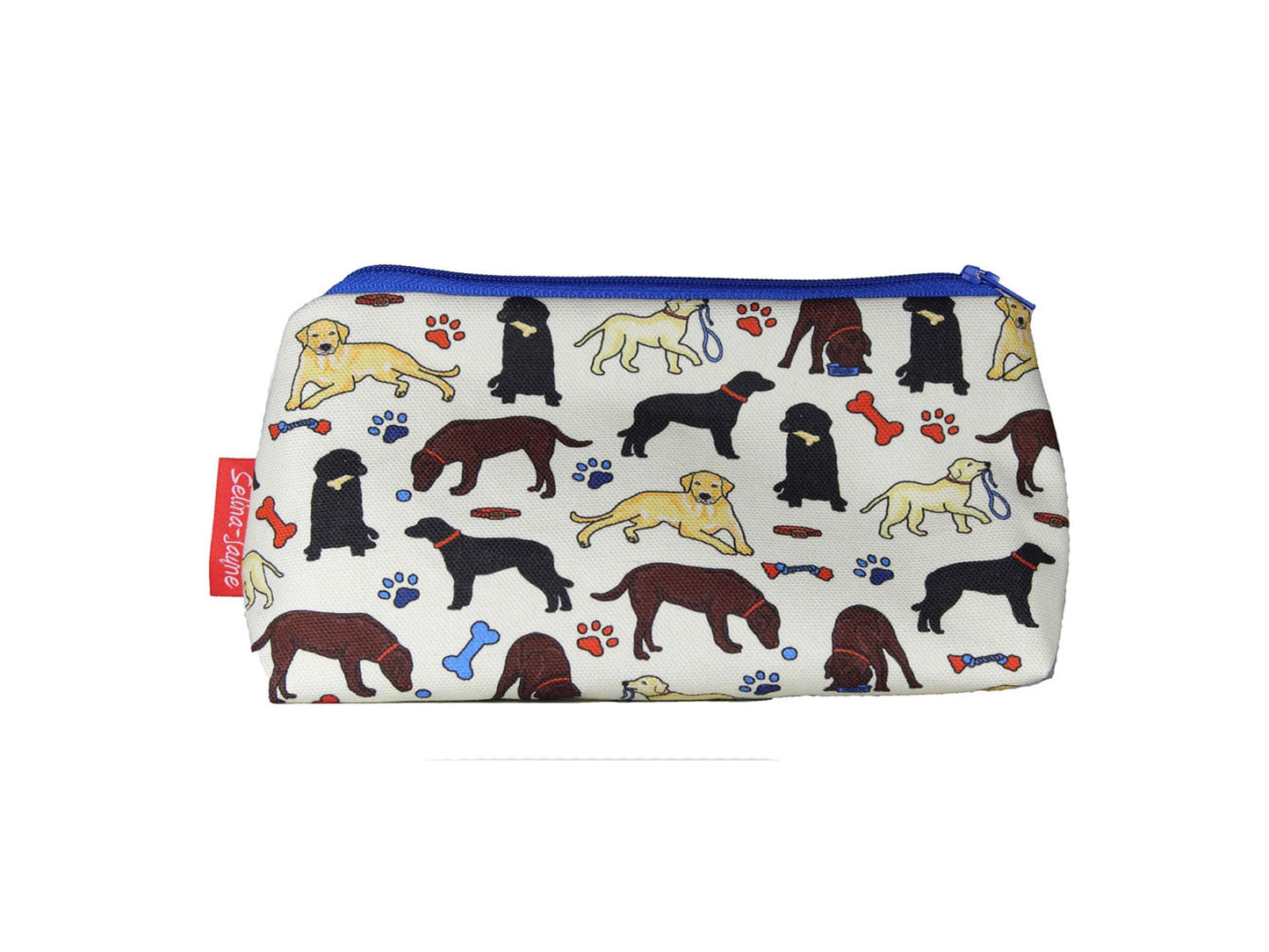 Labrador cosmetic bag with retriever dog illustration on durable polyester fabric with colour-coordinated zipper