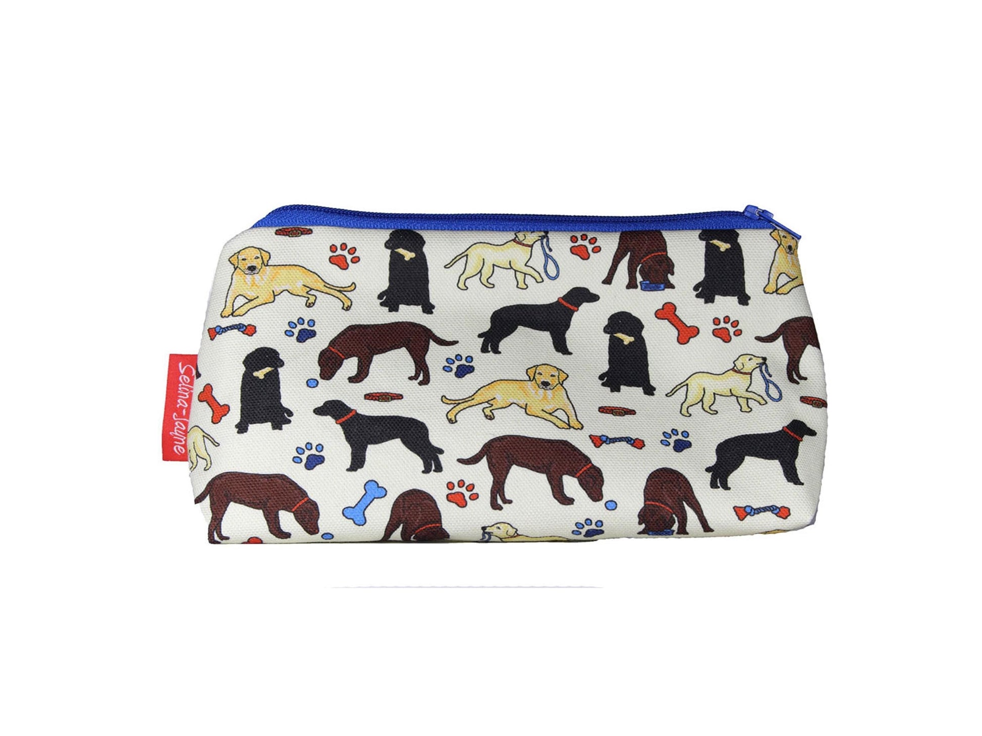 Labrador cosmetic bag with retriever dog illustration on durable polyester fabric with colour-coordinated zipper