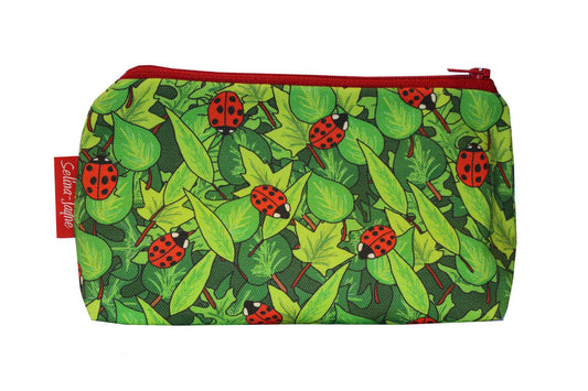 Ladybirds cosmetic bag with charming nature illustration on durable polyester fabric with colour-coordinated zipper