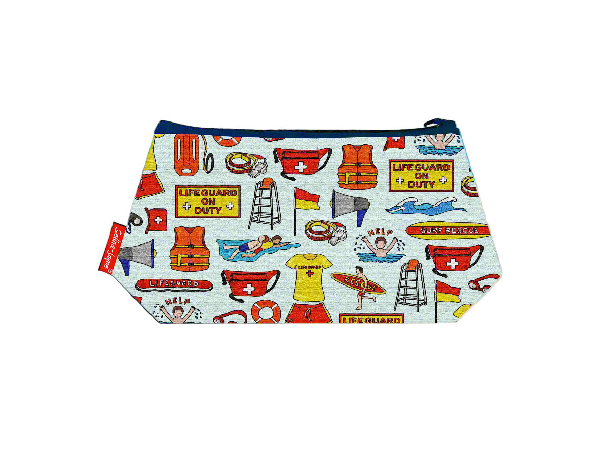 Lifeguard cosmetic bag with beach professional illustration on durable polyester fabric with colour-coordinated zipper