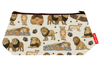 Lions cosmetic bag with majestic wildlife illustration on durable polyester fabric with colour-coordinated zipper