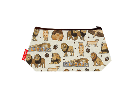 Lions cosmetic bag with majestic wildlife illustration on durable polyester fabric with colour-coordinated zipper