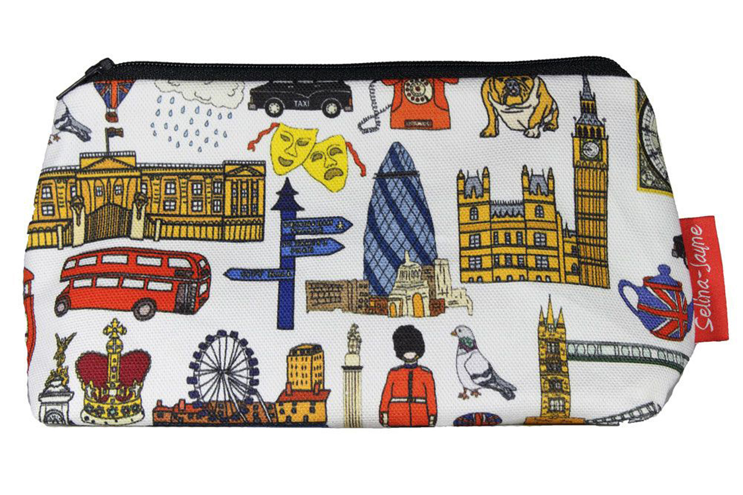 Premium London makeup bag featuring wipe-clean lining and colourfast HD print, perfect British travel gift