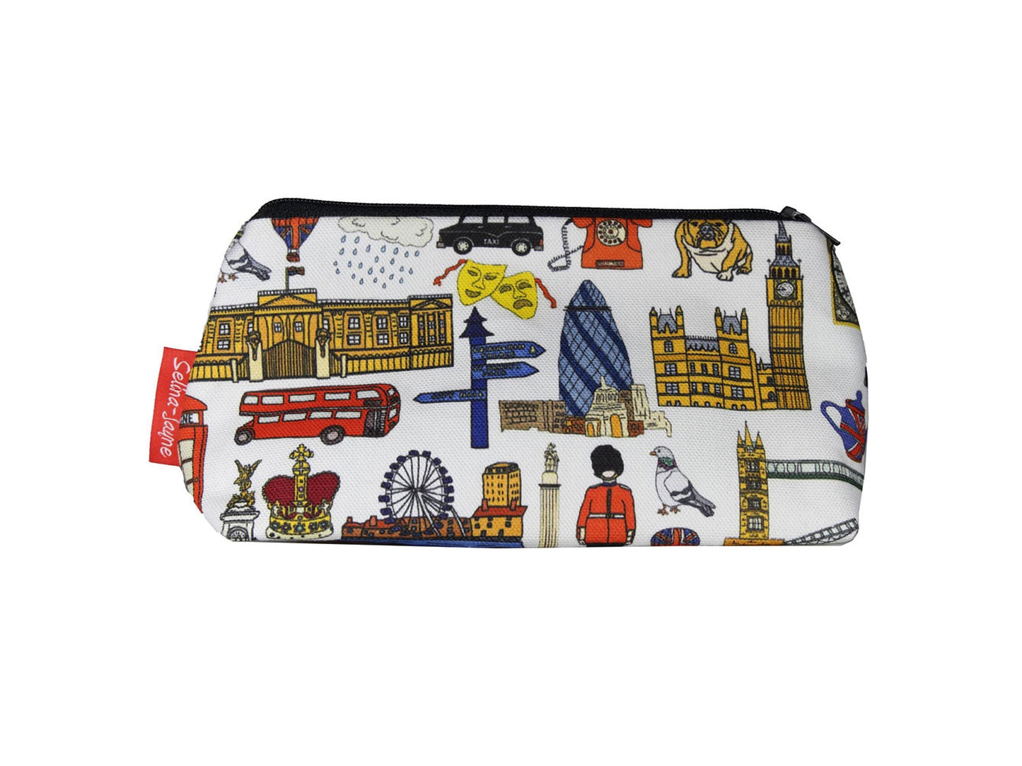 London cosmetic bag with iconic British travel illustration on durable polyester fabric with colour-coordinated zipper