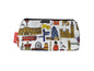 London cosmetic bag with iconic British travel illustration on durable polyester fabric with colour-coordinated zipper
