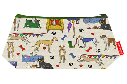 Compact lurcher dog cosmetic bag perfect for dog lovers, featuring colourfast print and easy-care design
