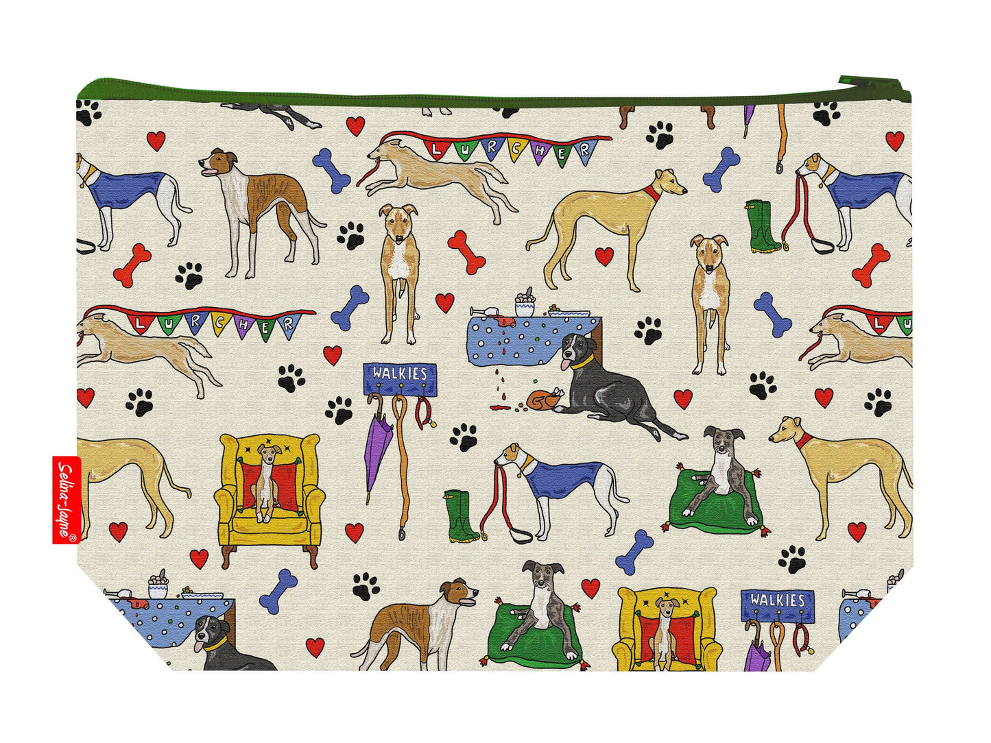 Lurcher dog toiletry bag with vibrant HD print and washable lining by Selina-Jayne Designs