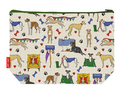 Lurcher dog toiletry bag with vibrant HD print and washable lining by Selina-Jayne Designs