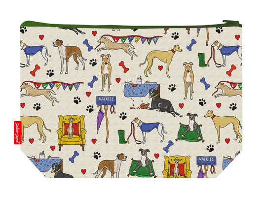 Lurcher dog toiletry bag with vibrant HD print and washable lining by Selina-Jayne Designs