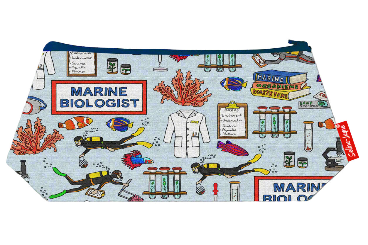 Compact marine biologist cosmetic bag perfect for ocean enthusiasts, featuring colourfast print and easy-care design