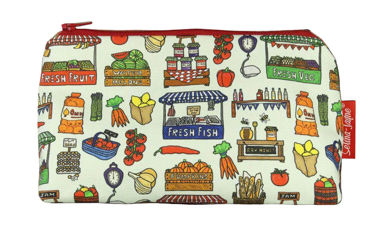 Compact market day cosmetic bag perfect for shopping enthusiasts, featuring colourfast print and easy-care design