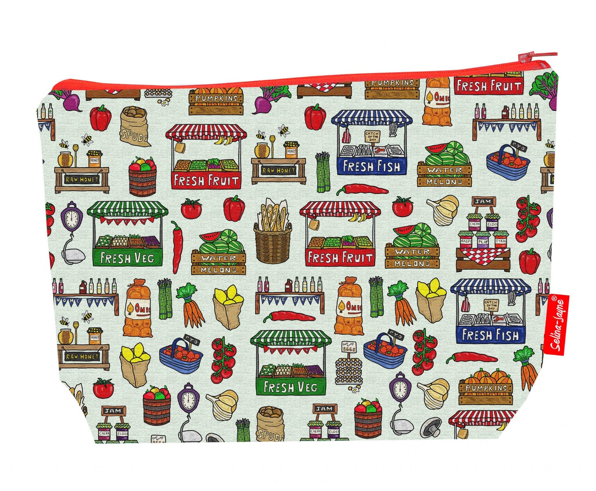 Premium 29cm wash bag with farmers' market design, perfect for food lovers and travel