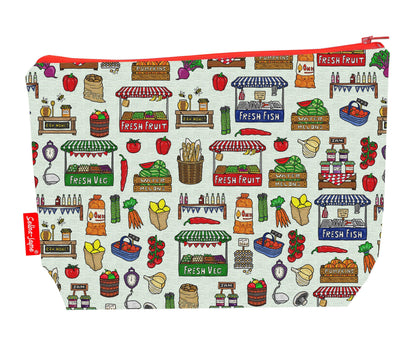 Market Day toiletry bag featuring vibrant fruit and vegetable print with washable lining