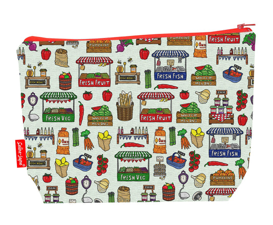 Market Day toiletry bag featuring vibrant fruit and vegetable print with washable lining
