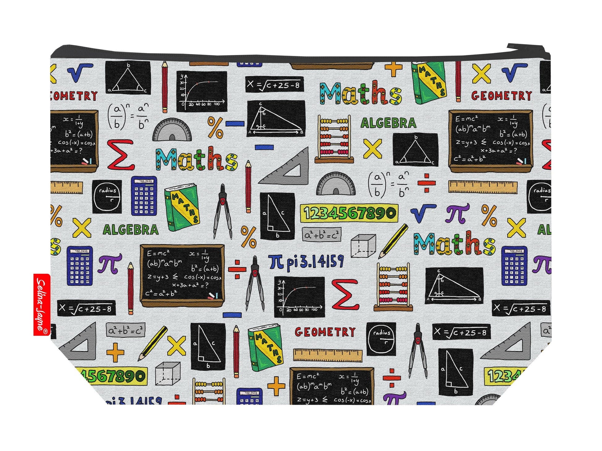 Mathematician toiletry bag featuring mathematical symbols and equations with washable lining