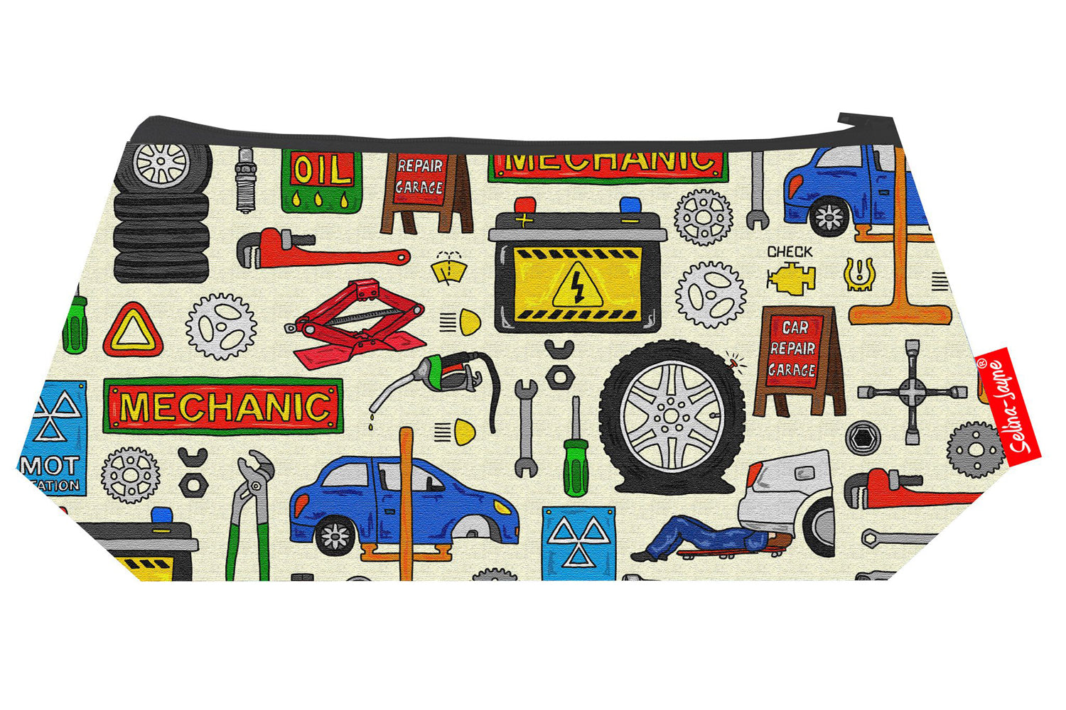 Compact mechanics cosmetic bag perfect for engineers and automotive enthusiasts, featuring colourfast print and easy-care design
