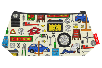 Compact mechanics cosmetic bag perfect for engineers and automotive enthusiasts, featuring colourfast print and easy-care design