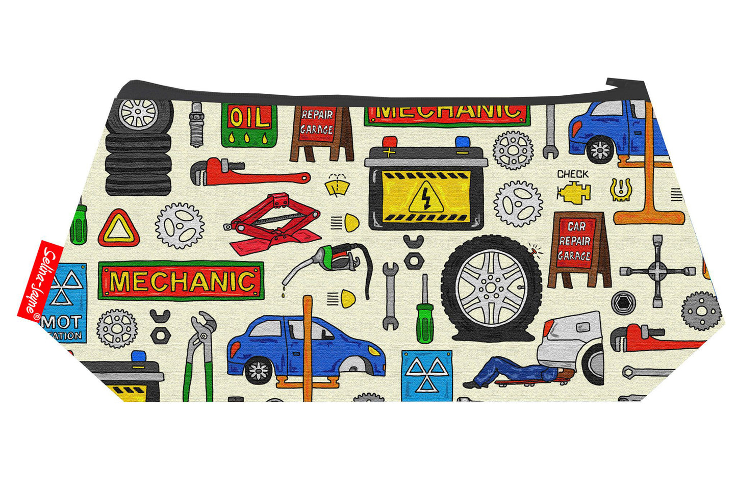 Mechanics cosmetic bag with vibrant HD print by Selina-Jayne, 17.5cm engineering makeup bag with wipe-clean lining