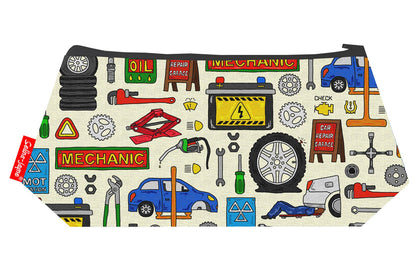 Mechanics cosmetic bag with vibrant HD print by Selina-Jayne, 17.5cm engineering makeup bag with wipe-clean lining